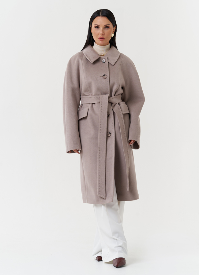 Светлое пальто с поясом модель № 27696 в кредит
