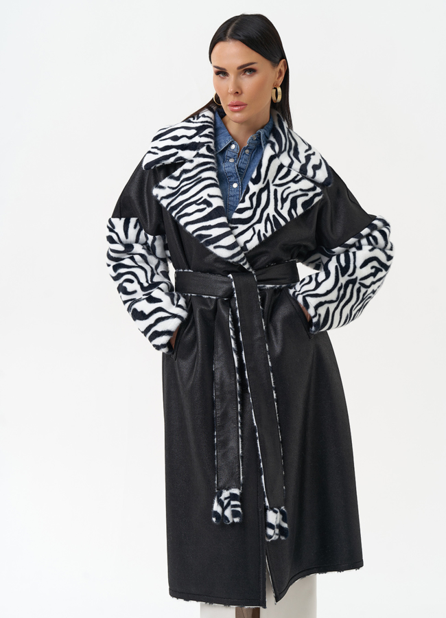 Двухстороннее пальто из эко замши с английским воротником модель № 29978 меха малина