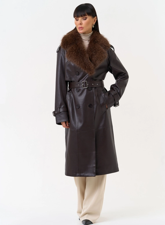 Женское утепленное пальто из экокожи с воротником из эко меха
