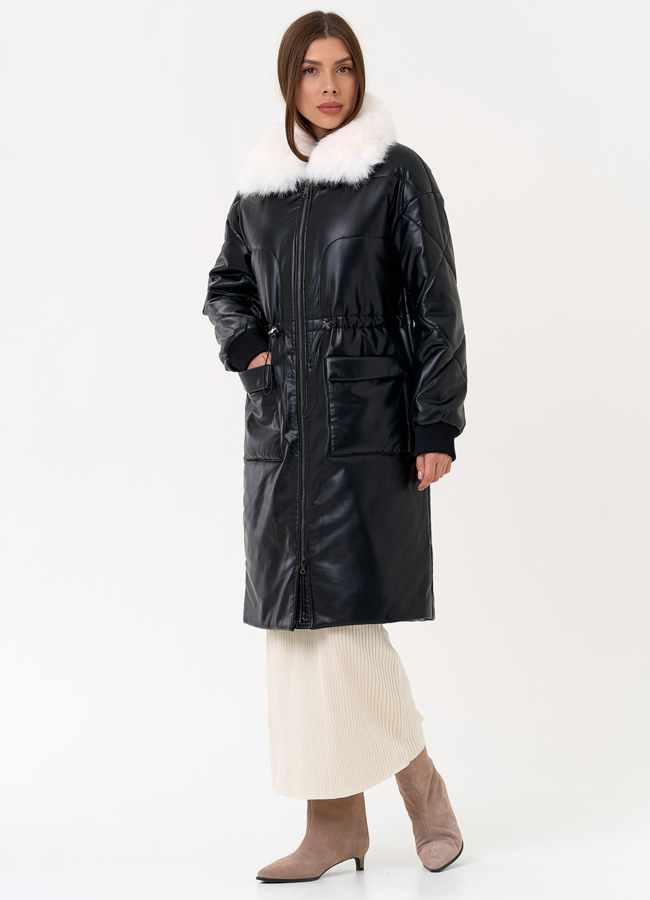 Женский пуховик из эко кожи с воротником из эко меха модель № 30724 в рассрочку