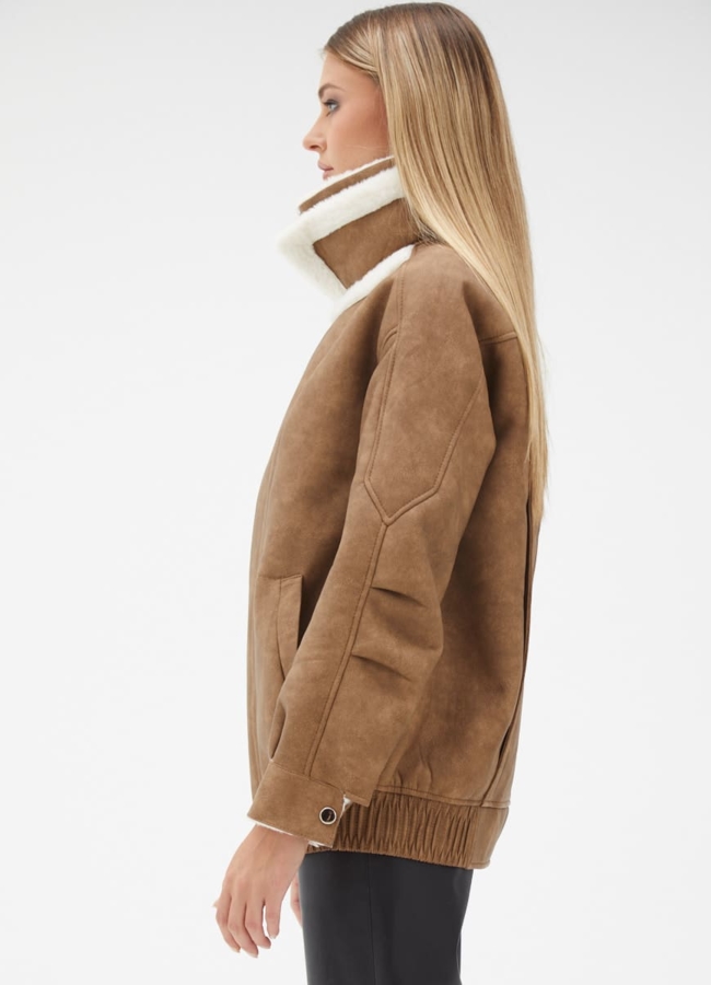 Женская дубленка из эко кожи с воротником стойкой модель № 32024 в рассрочку