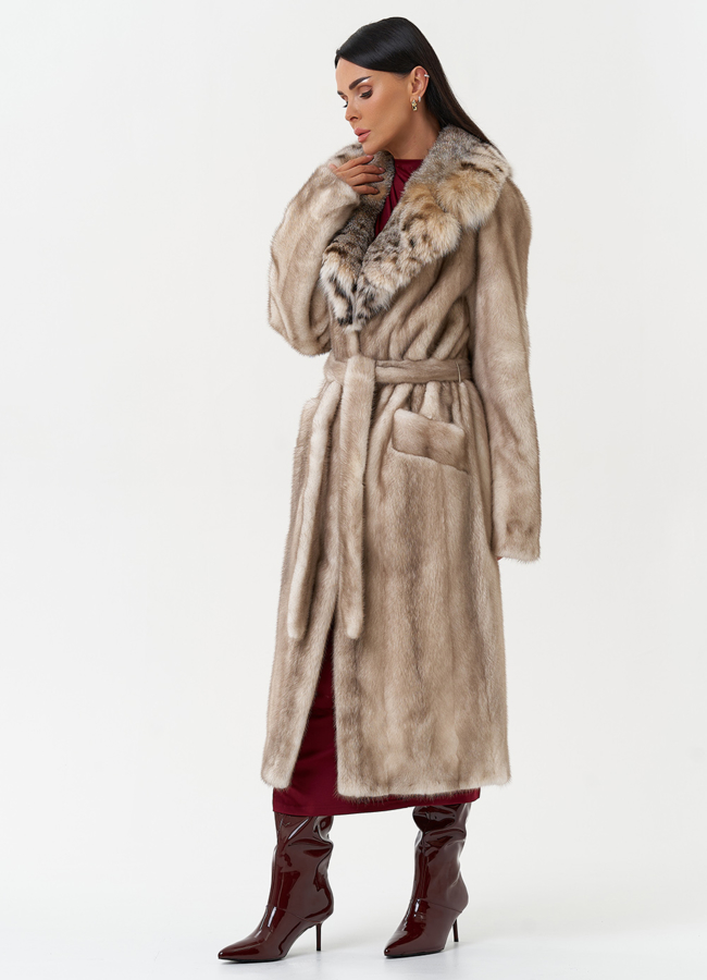 Женская шуба из меха норки с воротником из меха рыси модель № 30669 универмаг малина