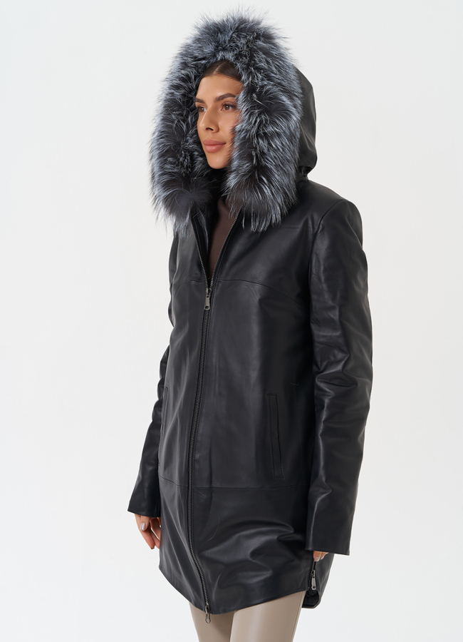 Утепленное полупальто из натуральной кожи с капюшоном  модель № 20201 универмаг малина