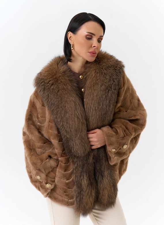 Шуба из норки с отделкой из меха лисы фото