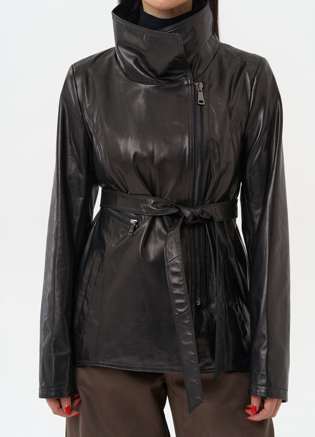 Удлиненная куртка из натуральной кожи с поясом модель № 10703 универмаг малина