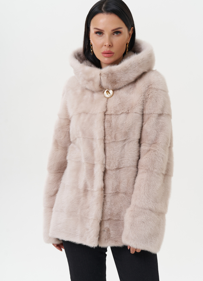Светлая норковая шуба с капюшоном модель № 24955 в рассрочку