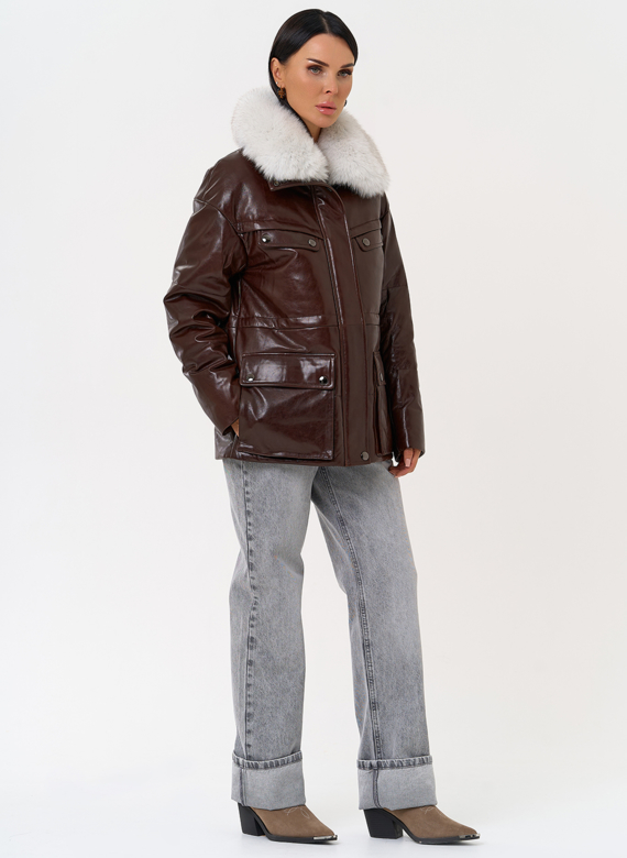 Коричневый кожаный пуховик