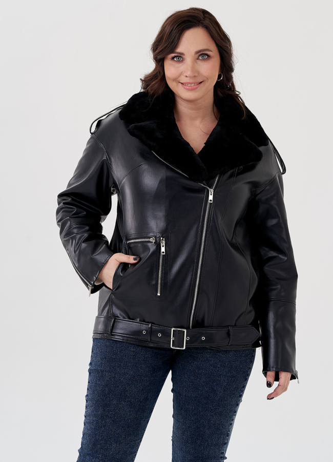 Куртка-косуха из эко кожи на утеплителе с натуральным мутоном модель № 24213 меха малина