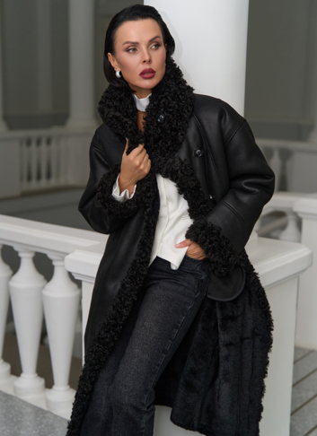 Женская дубленка из эко замши с поясом