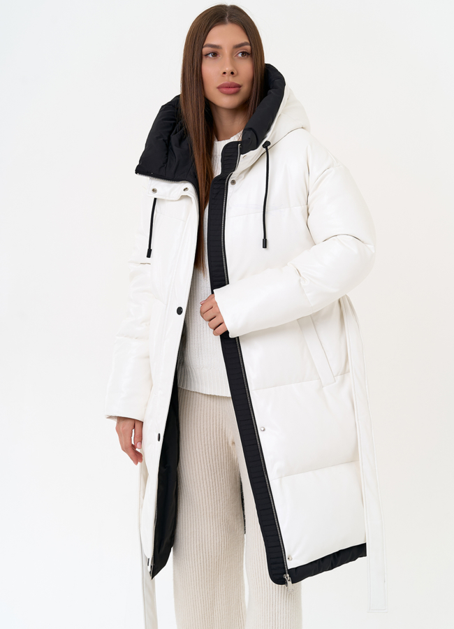 Белый пуховик из эко кожи с поясом модель № 30728 универмаг малина