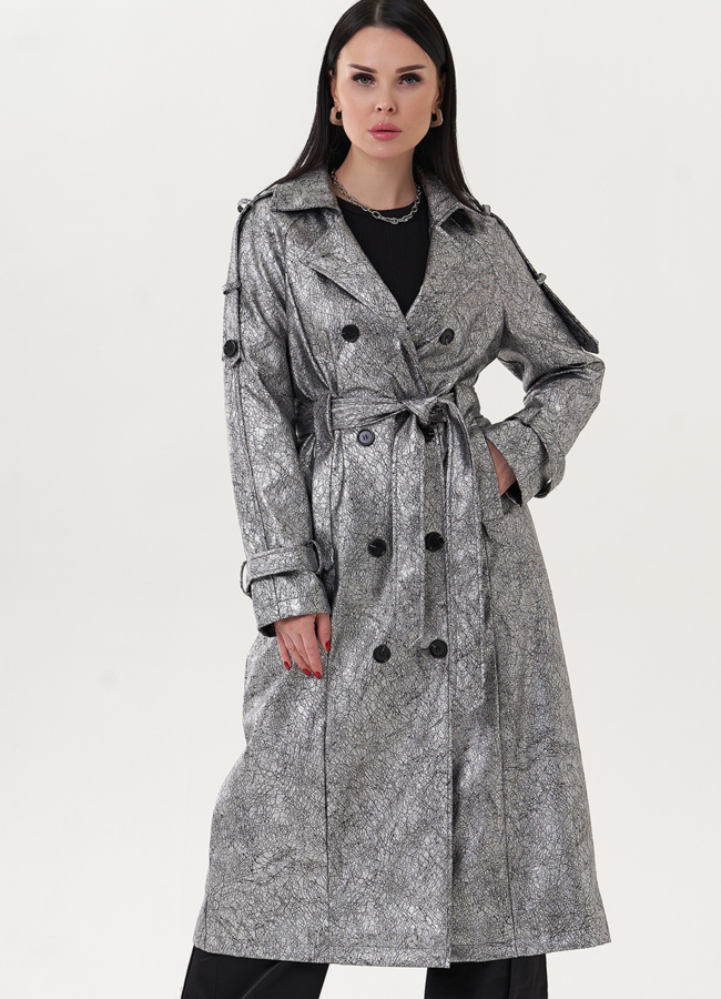 Плащ из эко кожи под серебро модель № 26803 меха малина