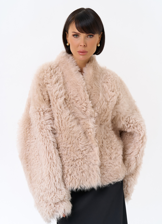 Женская короткая двухсторонняя дубленка  модель № 31854 меха малина