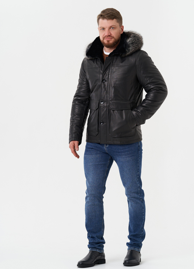 Пуховик из натуральной кожи с мехом енота модель № 25995 в рассрочку