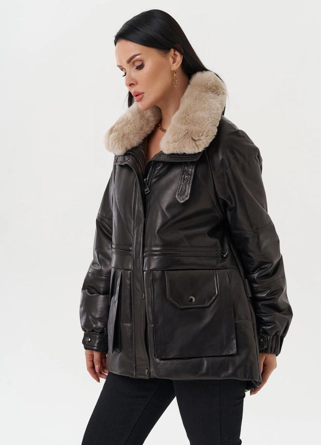 Пуховик из натуральной кожи с отделкой из меха кролика модель № 25381 универмаг малина