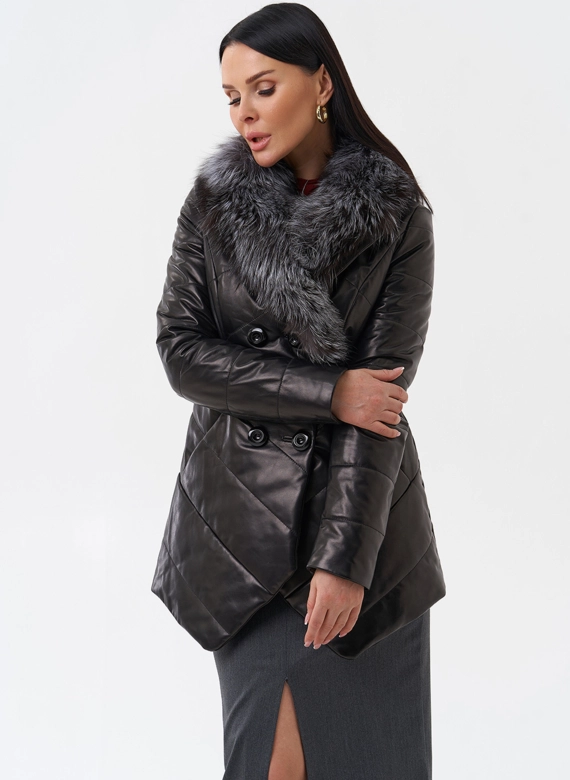 Кожаный пуховик с мехом из чернобурки