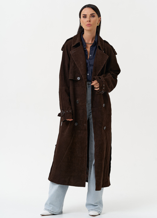 Длинный плащ из натуральной замши коричневого цвета модель № 31192 универмаг малина