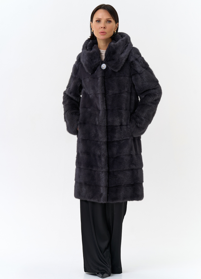 Норковая шуба в цвете графит с капюшоном  модель № 24954 меха малина