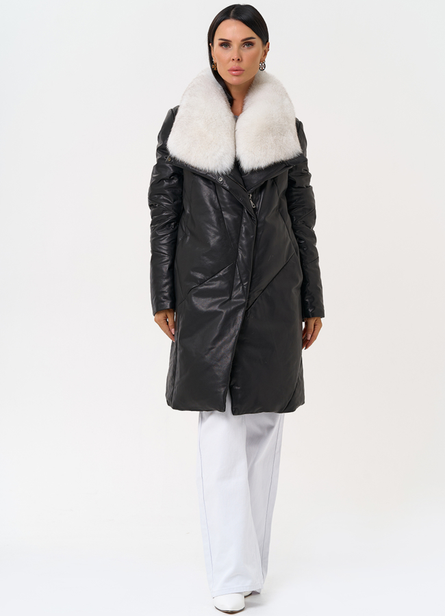 фото Пуховик из натуральной кожи с меховым воротником модель № 31370